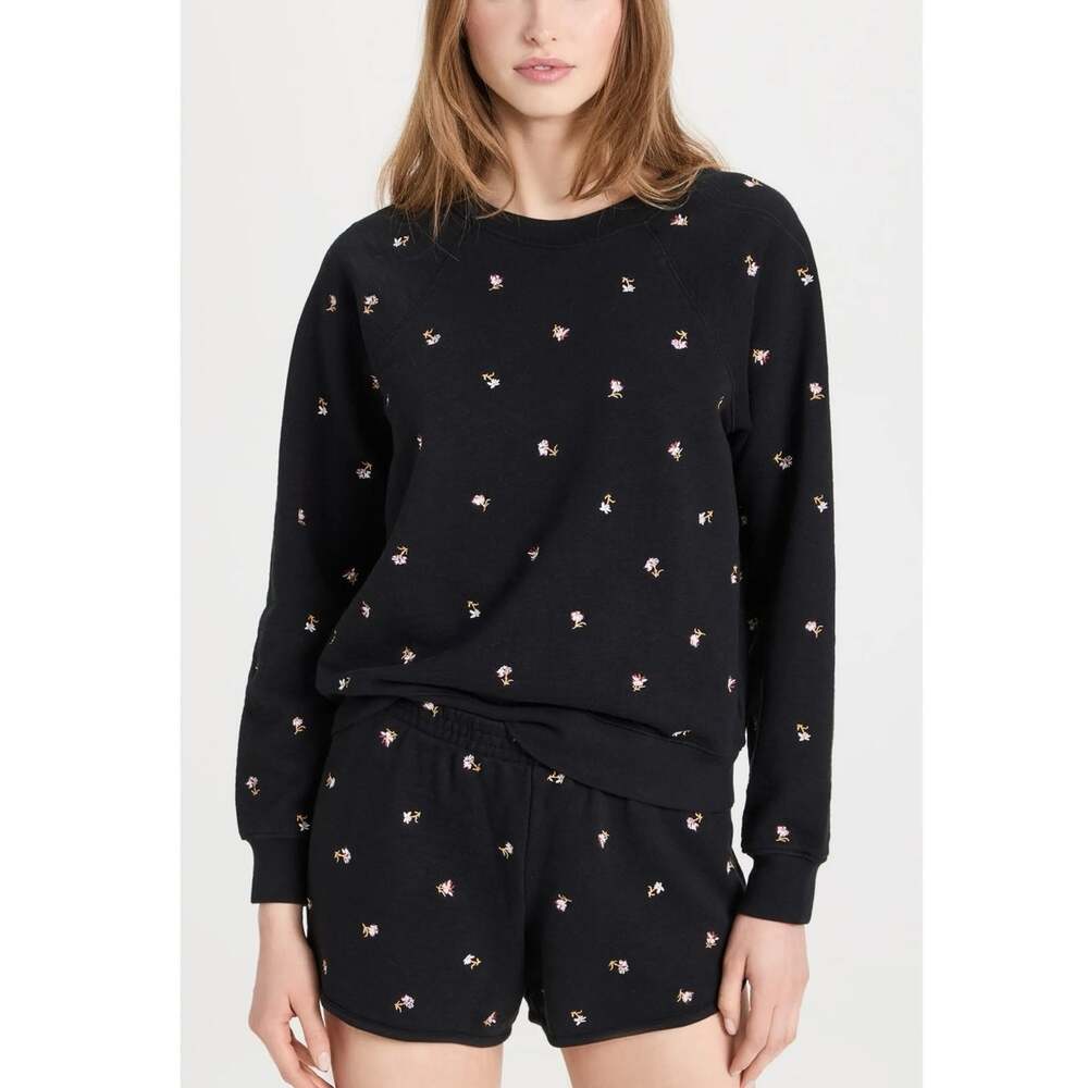Madewell Dark Navy Floral Embroidered Crewneck Sweater Size XL Boxy Cotton
